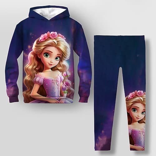 Mädchen 3D Karikatur Set aus Kapuzenpullover und Leggings Rosa Langarm 3D-Druck Frühling Herbst Aktiv Modisch Täglich kinderkleidung 3-12 Jahre Mit