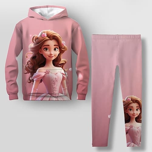 Mädchen 3D Karikatur Set aus Kapuzenpullover und Leggings Rosa Langarm 3D-Druck Frühling Herbst Aktiv Modisch Täglich kinderkleidung 3-12 Jahre Mit