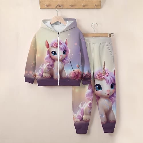 3D-Einhorn-Kapuzenpullover für Mädchen Jogginghosen-Set, langärmelig, 3D-Druck, Frühling, Herbst, aktiv, modisch, niedlich, Polyester, für Kinder
