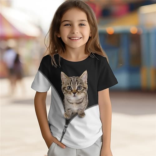 Mädchen 3D Katze T-Shirt Hemden Kurzarm 3D-Druck Sommer Aktiv Modisch Kuschelig Polyester kinderkleidung 3-12 Jahre Rundhalsausschnitt Outdoor Casual