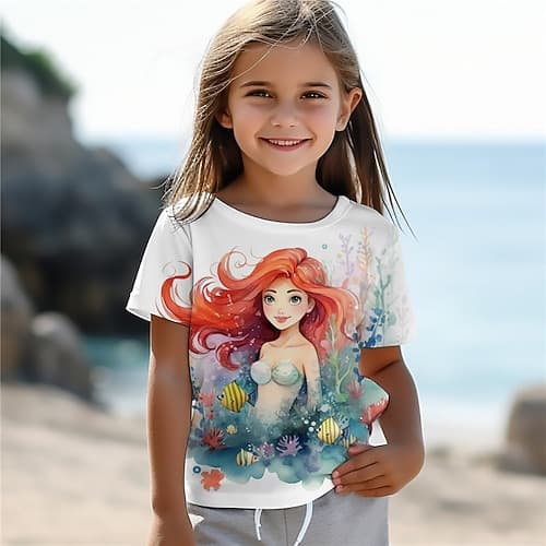 Mädchen 3D Meerjungfrau T-Shirt Hemden Kurzarm 3D-Druck Sommer Aktiv Modisch Kuschelig kinderkleidung 3-12 Jahre Rundhalsausschnitt Outdoor Casual