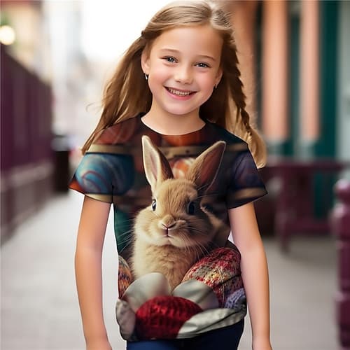 Ostern Mädchen 3D Hase Kaninchen T-Shirt Hemden Kurzarm 3D-Druck Sommer Aktiv Modisch Kuschelig kinderkleidung 3-12 Jahre Rundhalsausschnitt Outdoor