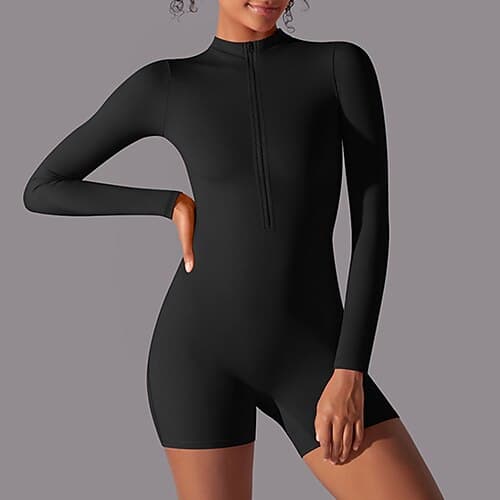 Damen Overall Trainingsanzug Einteiler Reißverschluss Einfarbig Bodysuit Einteiler Sommer Frühling Schwarz Weiß Fitnesstraining Fitness Yoga Hohe