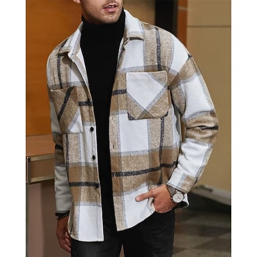 Herren Hemdjacke Überhemden übergangsjacke Täglich Leicht Tasche Frühling Karomuster Klassisch Revers Regulär Rot Grün Khaki Grau Jacken