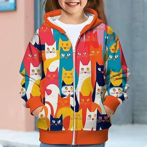 Mädchen 3D Katze Kapuzenshirt Mantel Oberbekleidung Langarm 3D-Druck Herbst Winter Aktiv Modisch Kuschelig kinderkleidung 3-12 Jahre Outdoor Casual