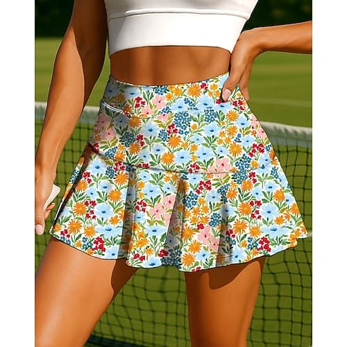 Damen Pflanzen Blumenmuster Blumenmuster Lässiger Rock Tennisröcke Patchwork Tasche 2 in 1 UPF50 UV-beständig Mehrlagig Volleyball Tennis Badminton