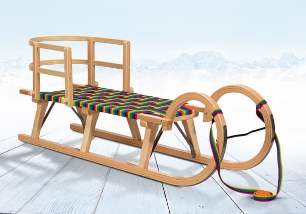 Rodelberg® Hörner-Schlitten Gurtsitz Rainbow 125 cm, Zuggurt, Lehne