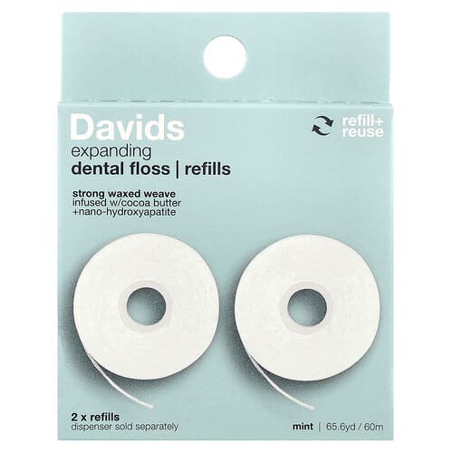 Davids, Expansive Dental Floss, expandierende Zahnseide, nachfüllbar, Minze, 2 Stück, je (30 m/32,8 yd)