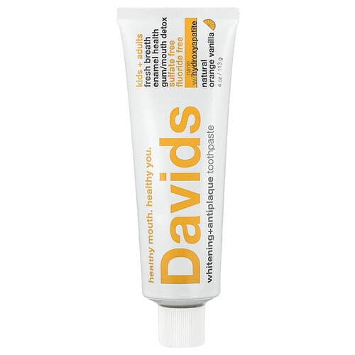 Davids, Kids + Adults Whitening + Antiplaque Toothpaste, aufhellende Zahnpasta mit Zahnbelag für Kinder und Erwachsene, natürliche Orange-Vanille,