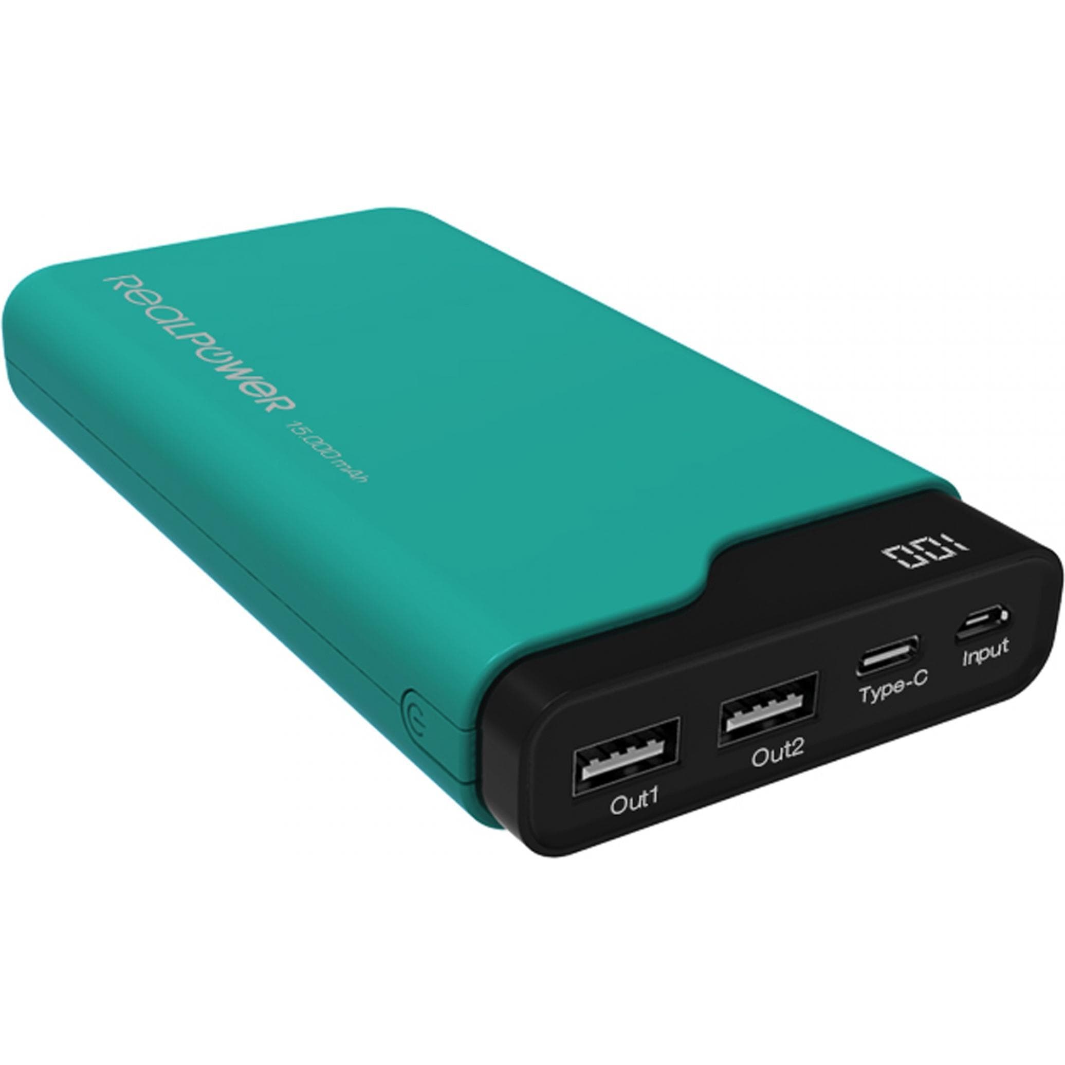 RealPower PB-15000C Powerbank mit USB-C In/Out, Micro-USB In, 2 x USB O... (15000 mAh, 54 Wh), Powerbank, Schwarz, Grün