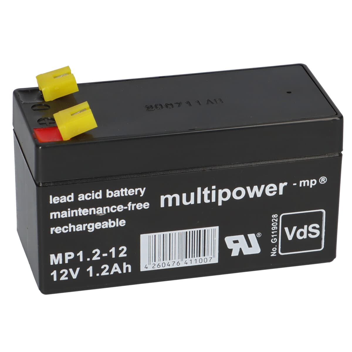 Multipower MP1,2-12 AGM Bleiakku 12V 1,2Ah Faston 4,8 mm für Alarmanlage, Notbeleuchtung & Sicherheitstechnik