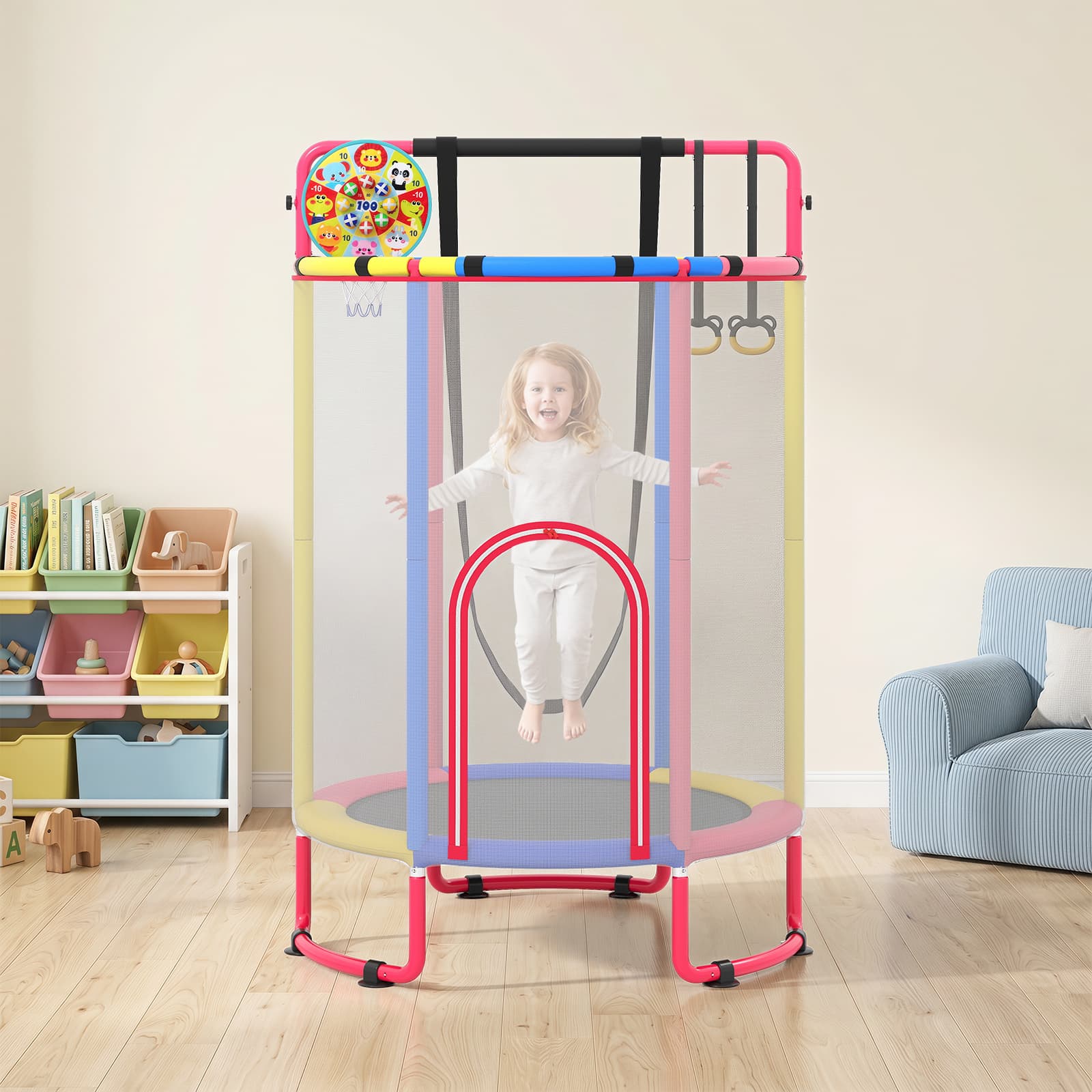 Costway 6 in 1 Kindertrampolin mit Sicherheitsnetz & Hitzeverzinkte Metallrahmen 140 x 140 x 214 cm Bunt