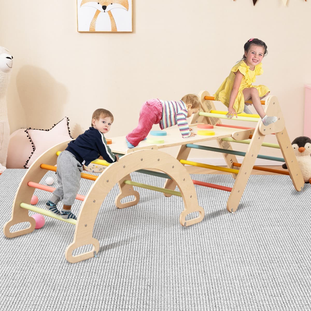 Costway 4 in 1 Kletterdreieck mit Rutsche & Kletterbogen & Doppelseitige Rampe Klettergerüst Macaron