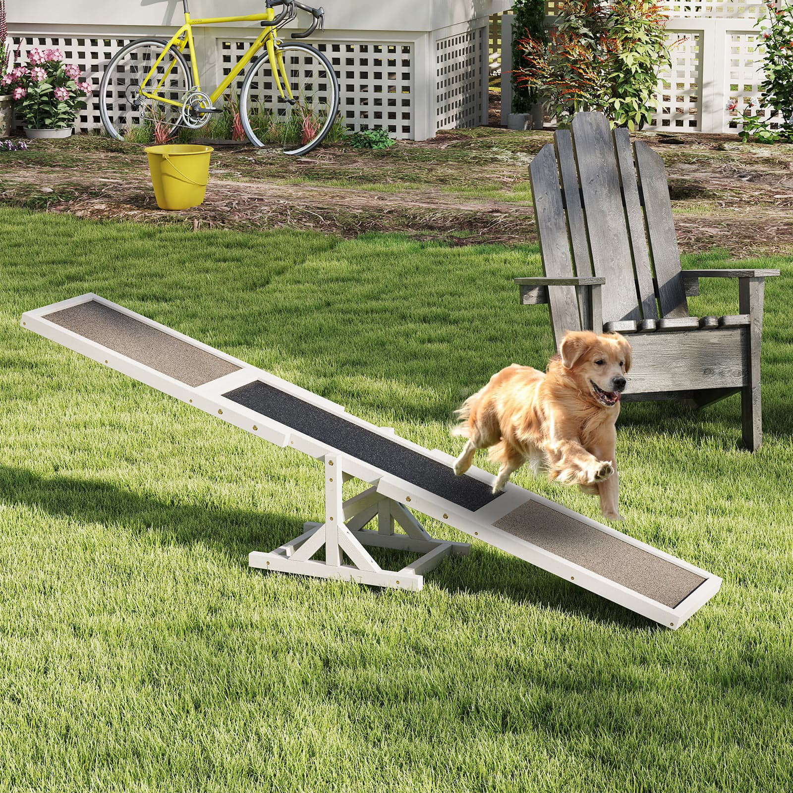 Costway Holz-Hund Agility Wippe Hunde-Übungs- & Spielset Outdoor-Laufspielzeug Kletterplattform Weiß
