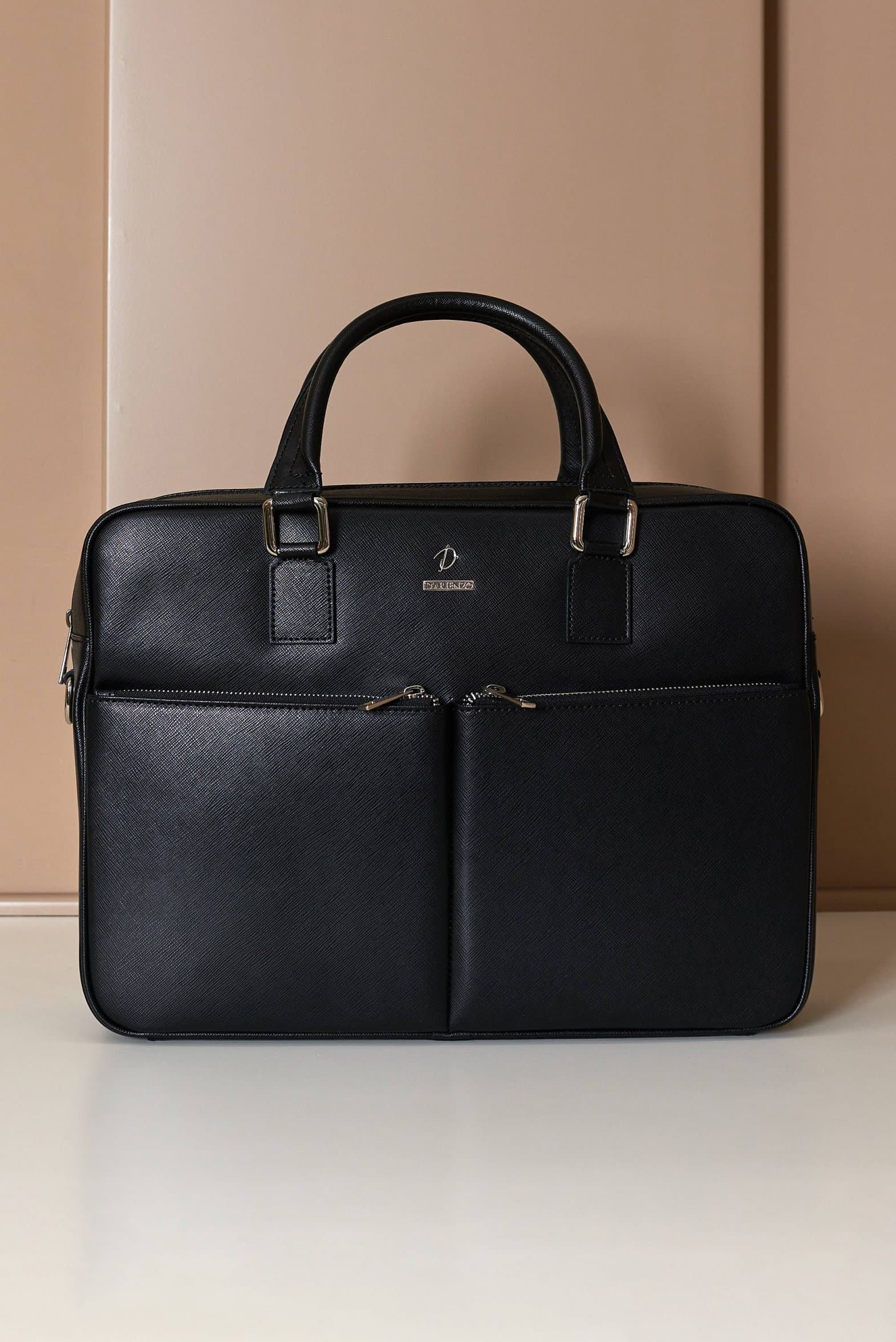 Schwarze Laptop Aktentasche aus leder doppelte Fronttasche D'Arienzo, Größe Einheitsgröße, Farbe schwarz