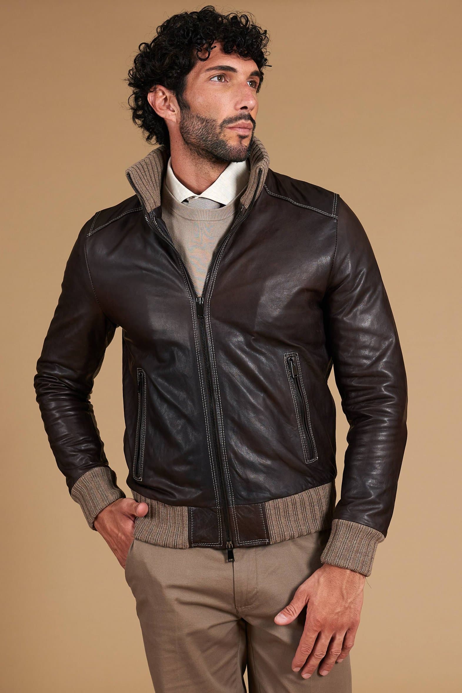 Dunkelbraune bomber lederjacke mit vintage-effekt D'Arienzo, Größe 56/XXL, Farbe dunkelbraun