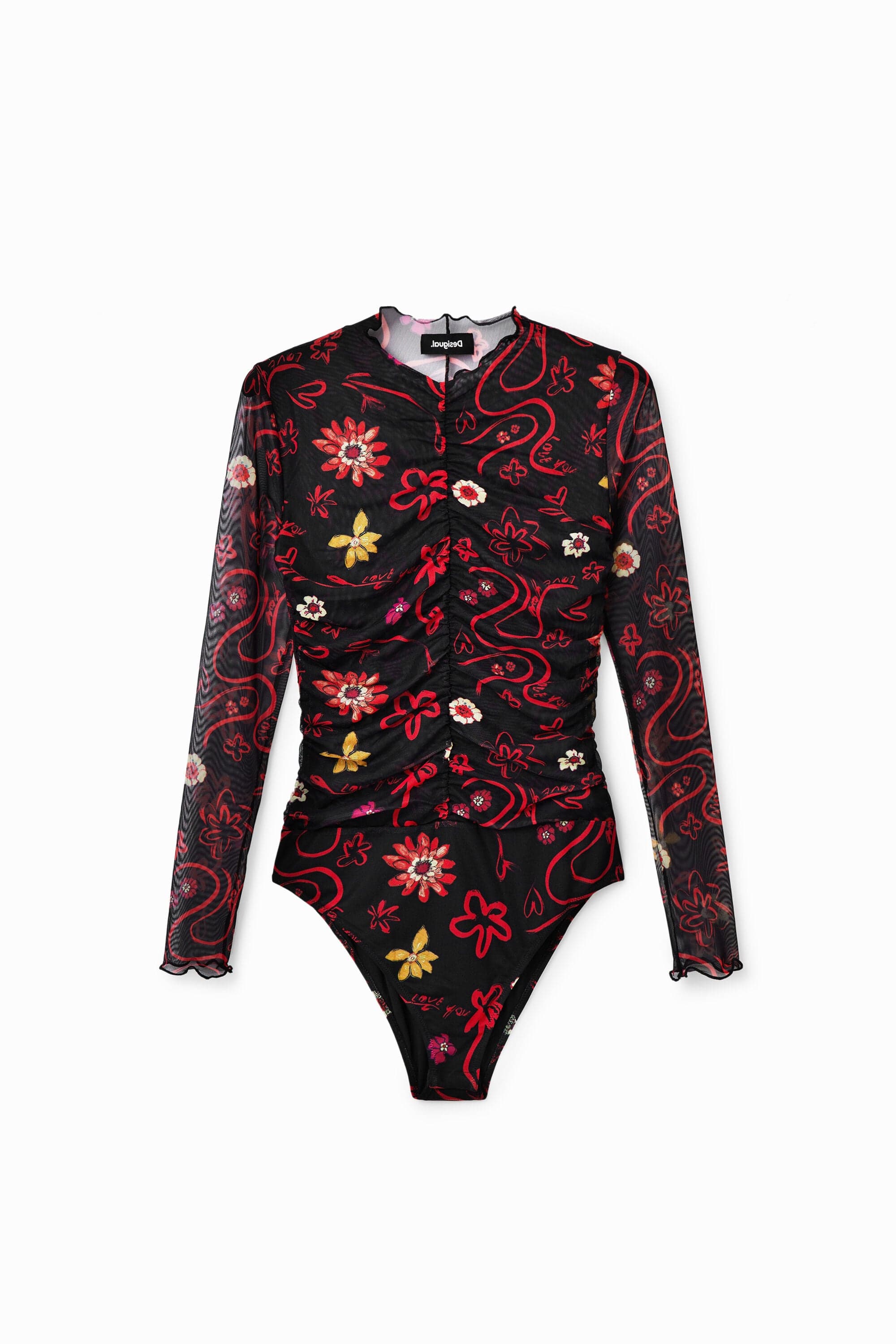 Desigual, Geraffter Tüll-Body Blumen, Polyester, Schwarz, XL
