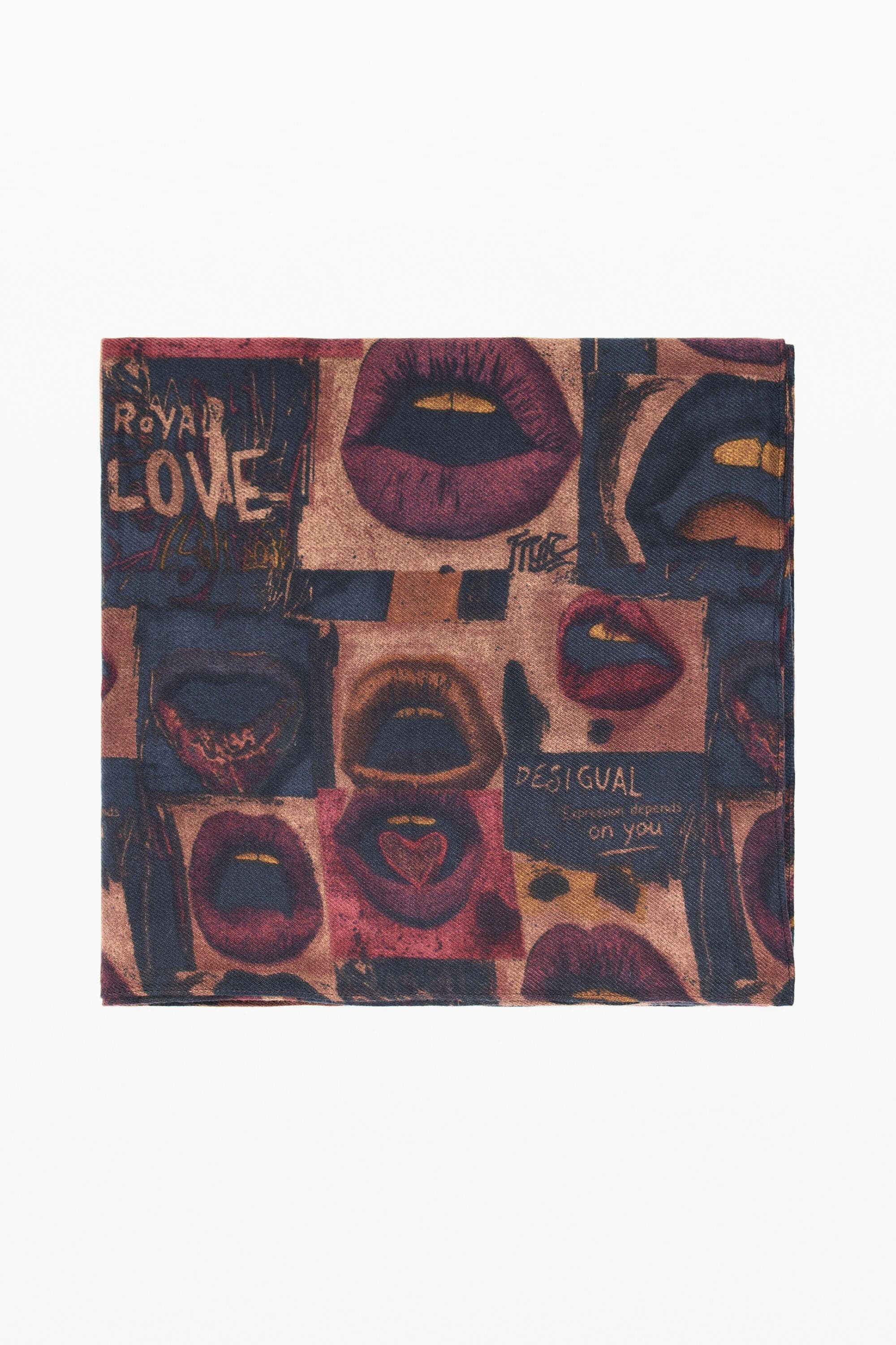 Desigual, Rechteckiger foulard mit lippenmuster, Viskose, Braun, U