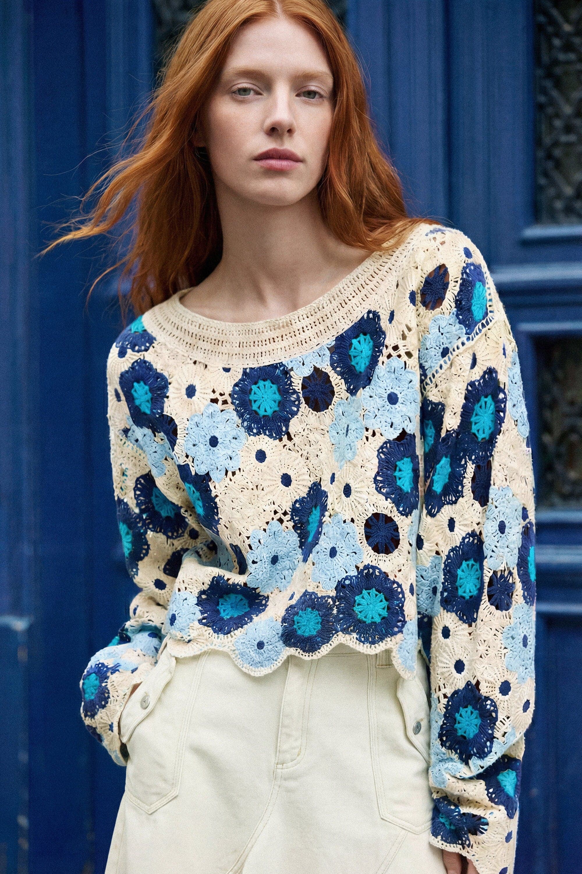 Desigual, Häkeln-pullover blumen, Damen, Blau, L