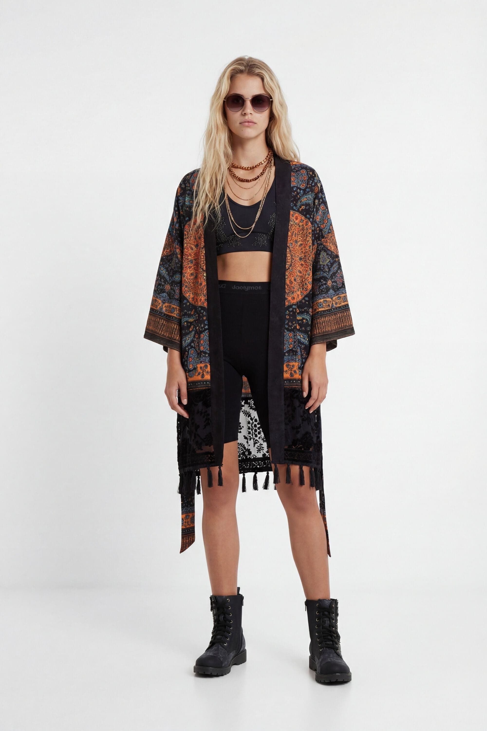 Desigual, Ethno-Kimono mit Troddeln, Viskose, Schwarz, S