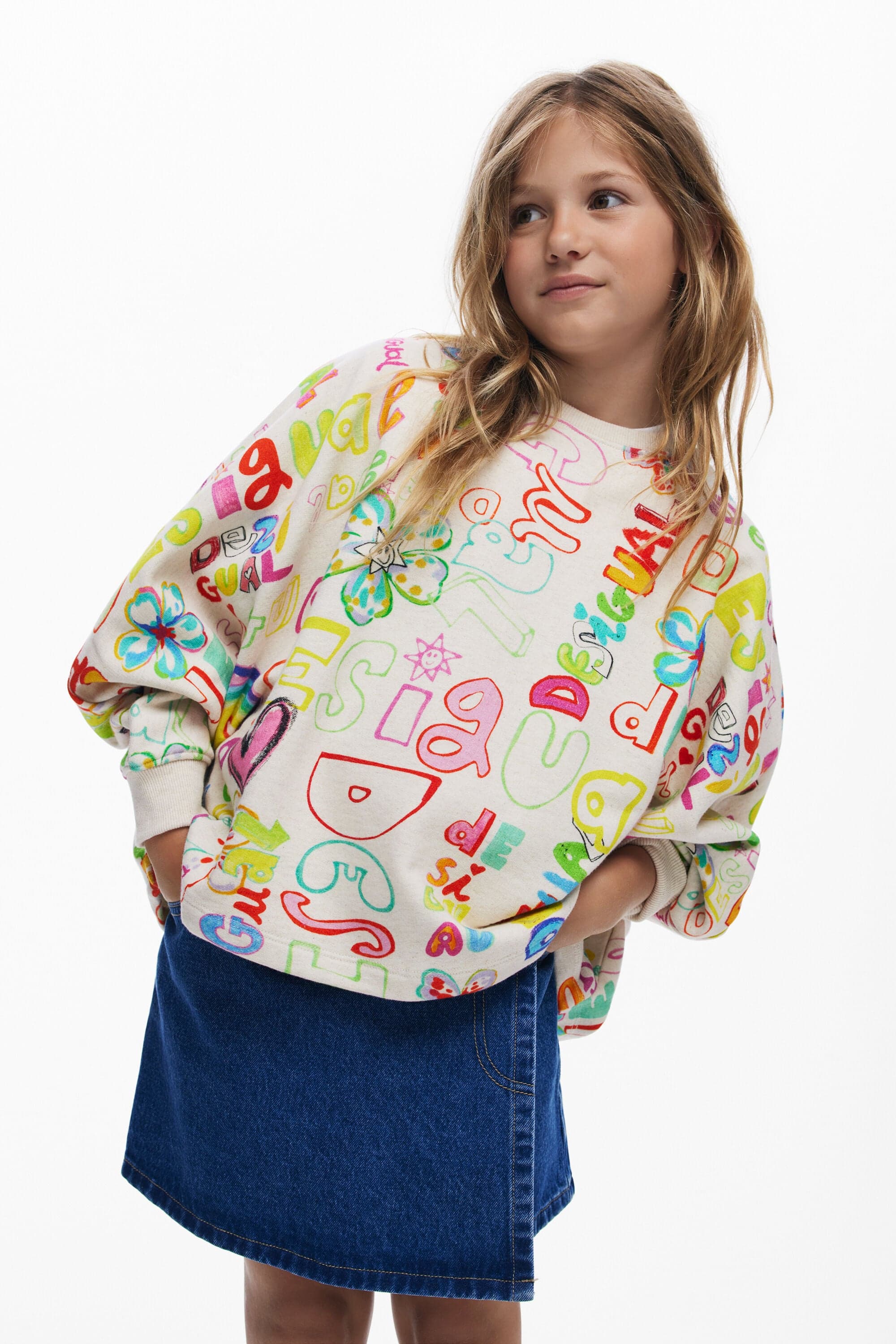 Desigual, Sweatshirt mit weitem Ärmel und lettering, Kinder, Baumwolle, Weiß, 7/8