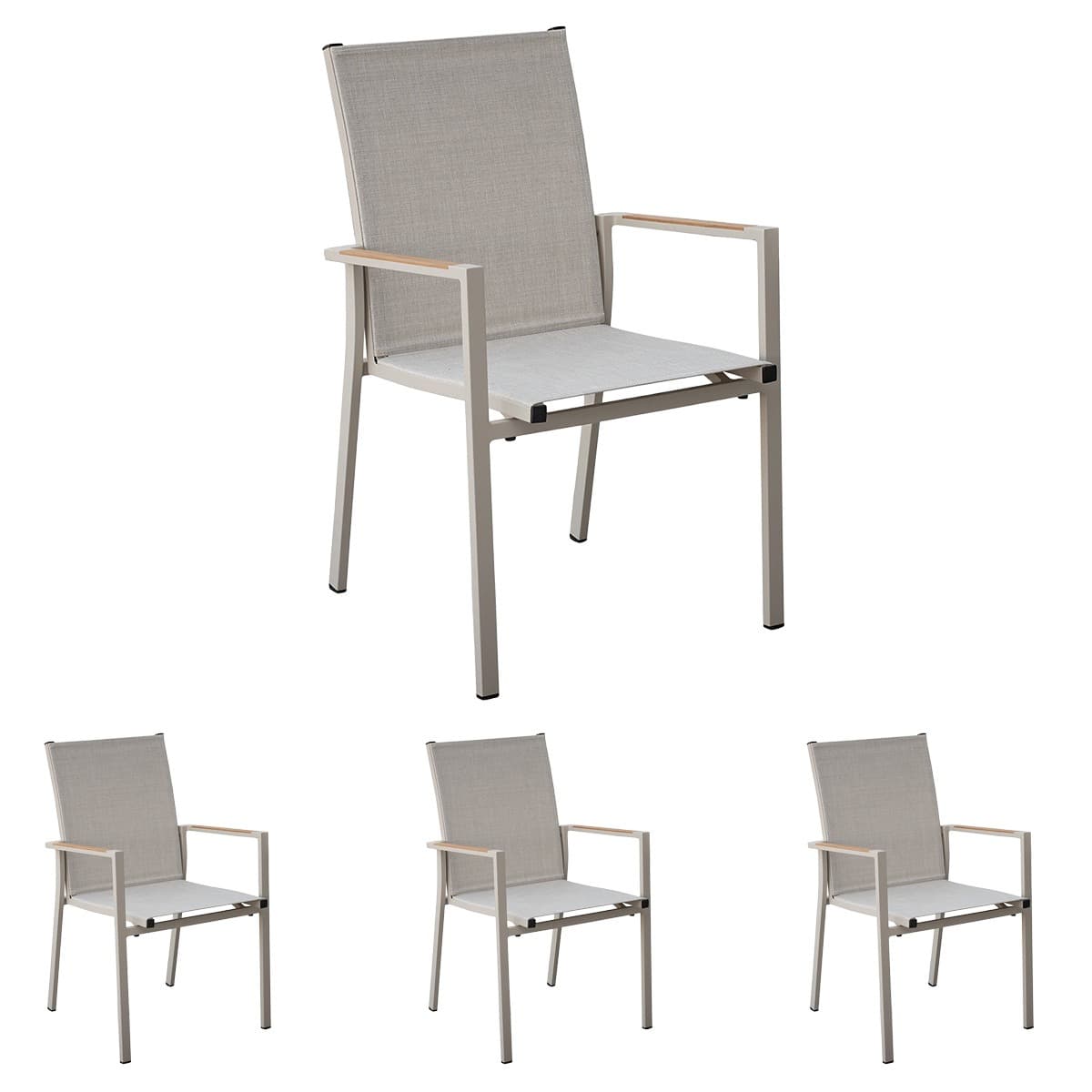 4x Stern Stapelsessel New Levanto Aluminium greige Textilen Sesam Teakarmlehnen
