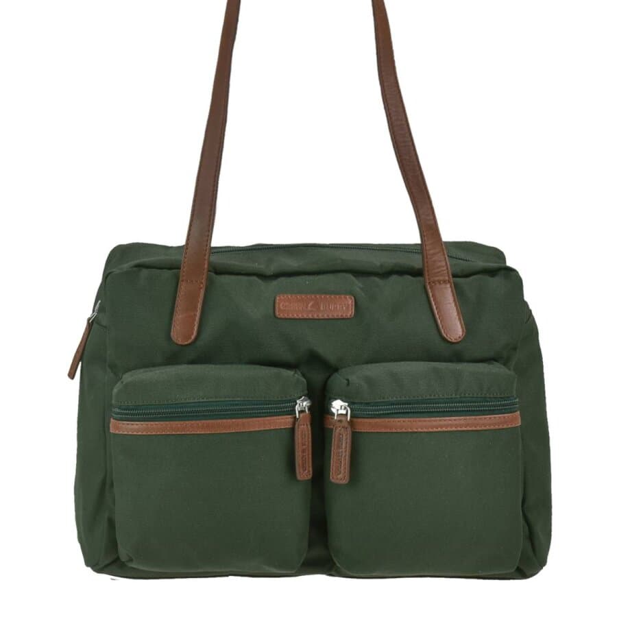 Shopper Damen Nylon grün 2 Vortaschen lange Griffe | Greenburry Nylon - Emily Schultertasche für Shopping Freizeit 1400-30