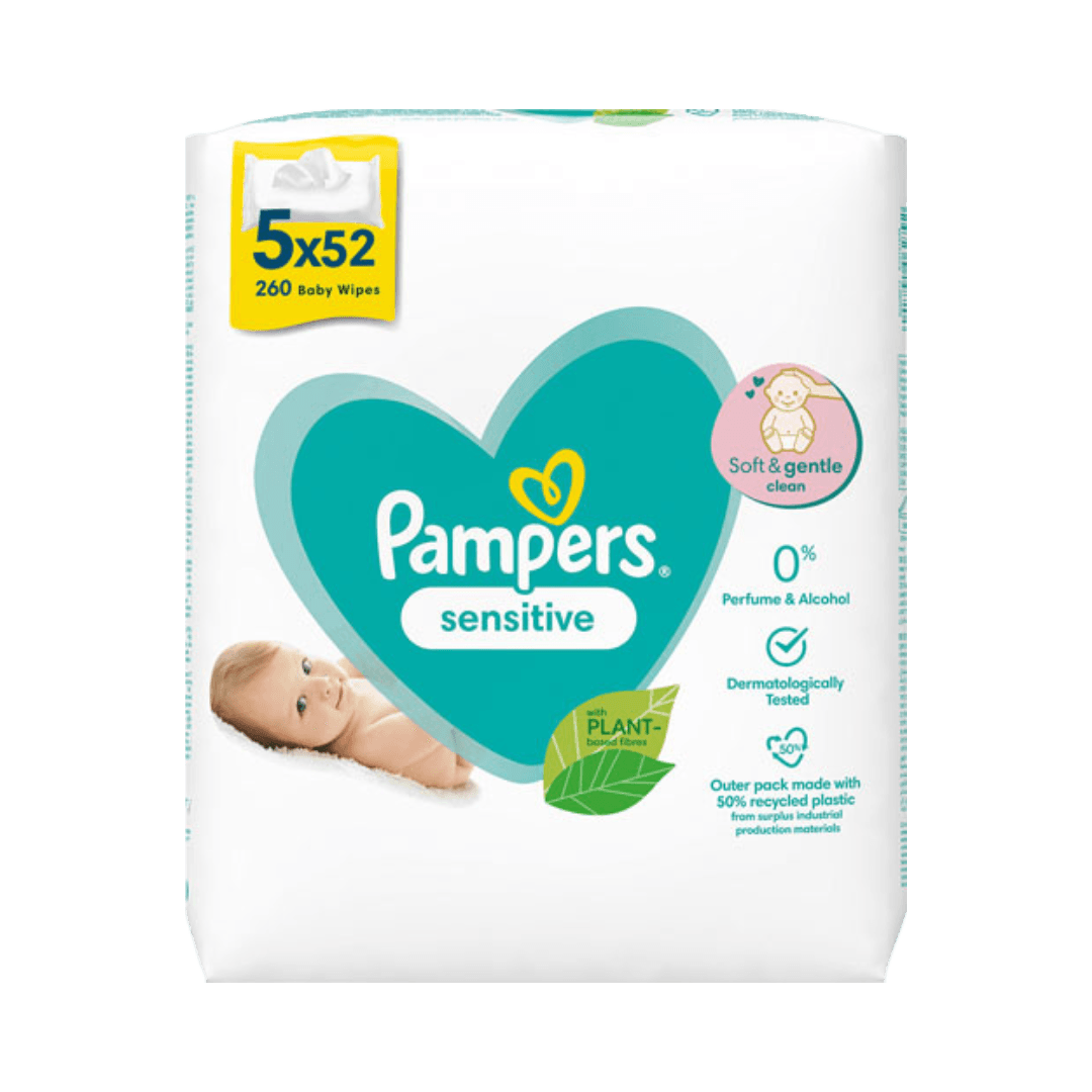 Pampers Feuchttücher Sensitive, 0 % Parfüm & Alkohol, Nachfüllpackung, 5 x 52 Stück