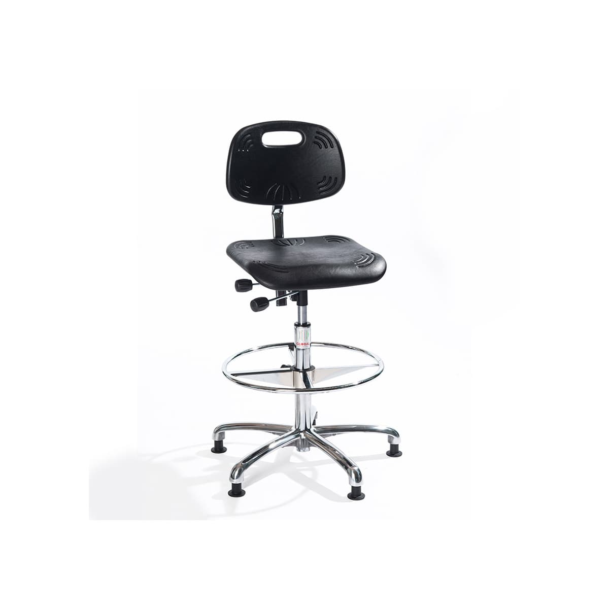 Arbeitshocker Drehstuhl, 70-96 cm Sitzhöhe, mit Griff, Fußring, schwarz