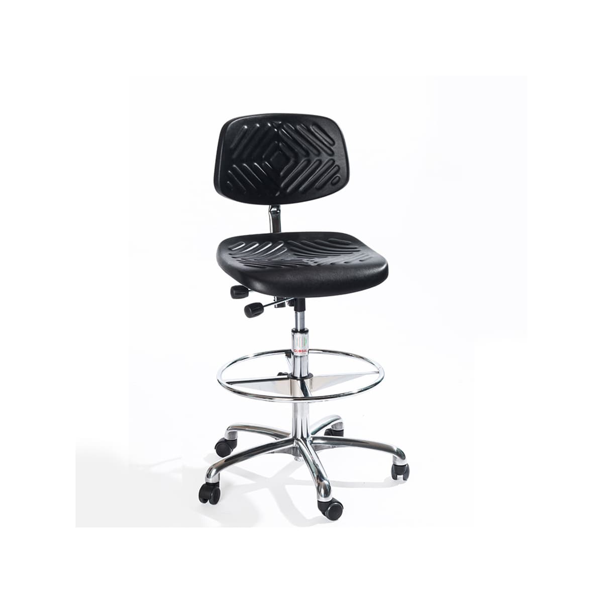 Arbeitshocker Drehstuhl, 70-96 cm Sitzhöhe, Alu-Fußkreuz, Fußring, schwarz