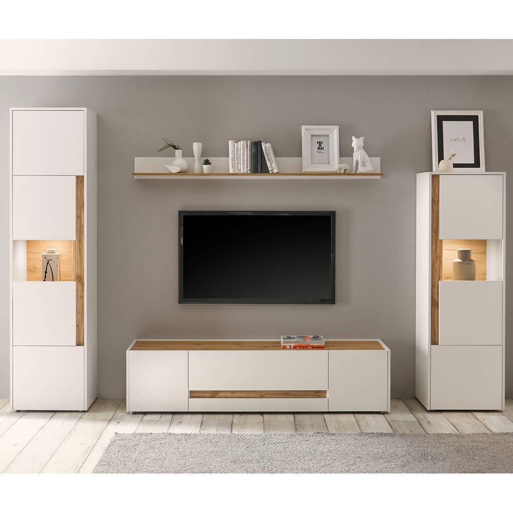 TV Wohnwand 4-tlg. mit LED Beleuchtung CRISP-61 in weiß mit Absetzungen in Wotan Eiche Nb, B/H/T: ca. 310/197/45 cm