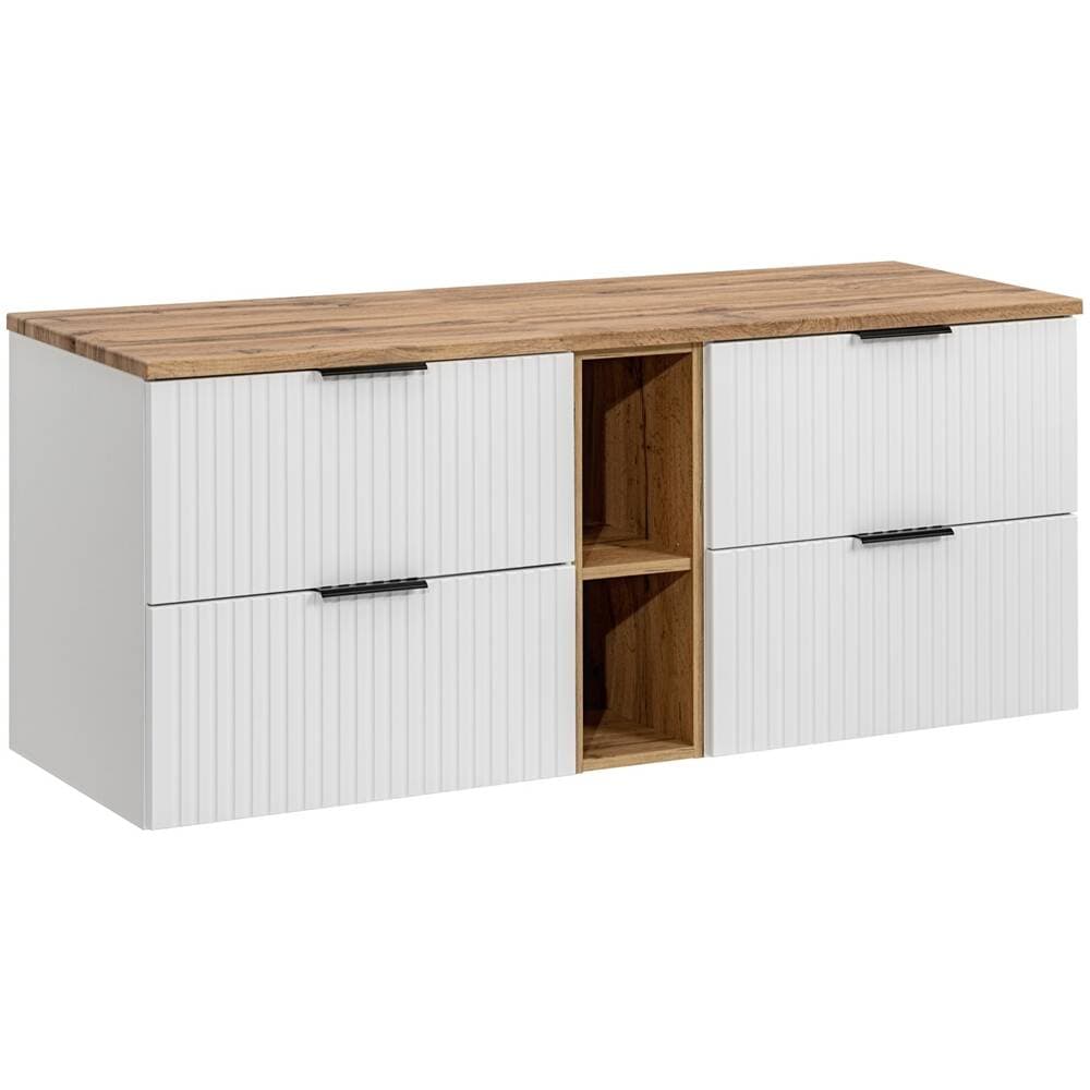 Doppelwaschtisch-Unterschrank 140cm in weiß mit Eiche Nb., gerillte Front, ADELAIDE-56-WHITE