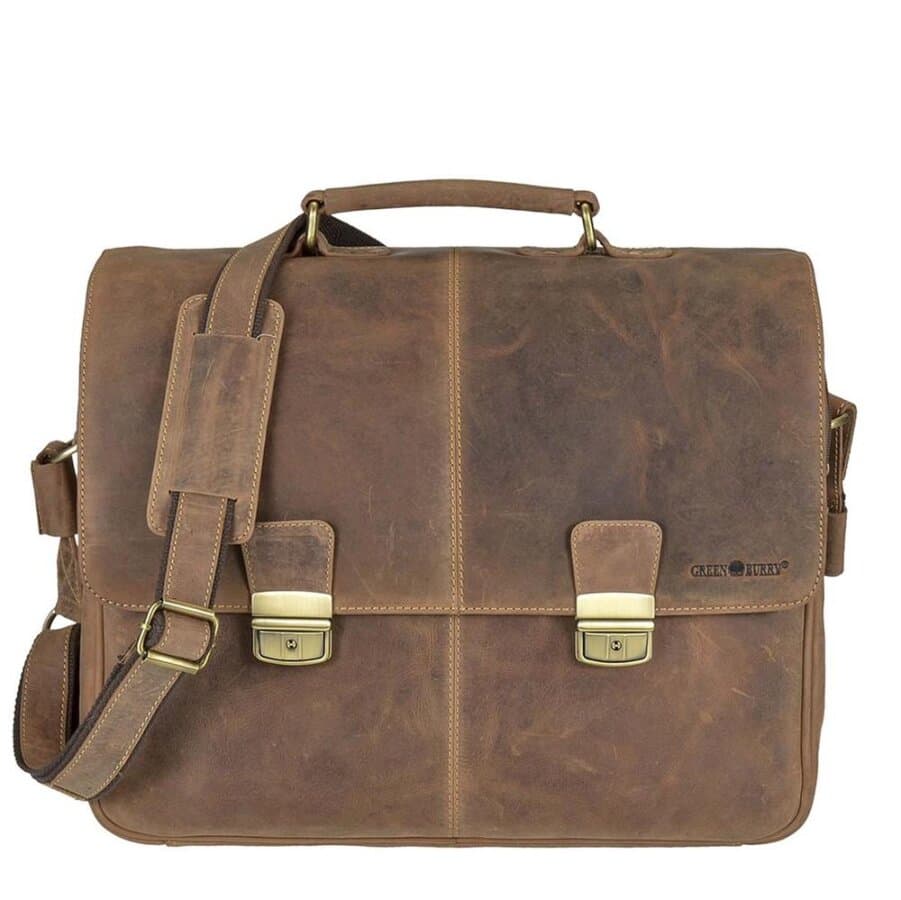 Notebook-Aktentasche Leder antikbraun 41x34cm A4 | Greenburry Vintage Laptoptasche mit 2 Hauptfächern. Strukturierte Arbeitstasche für das Büro.
