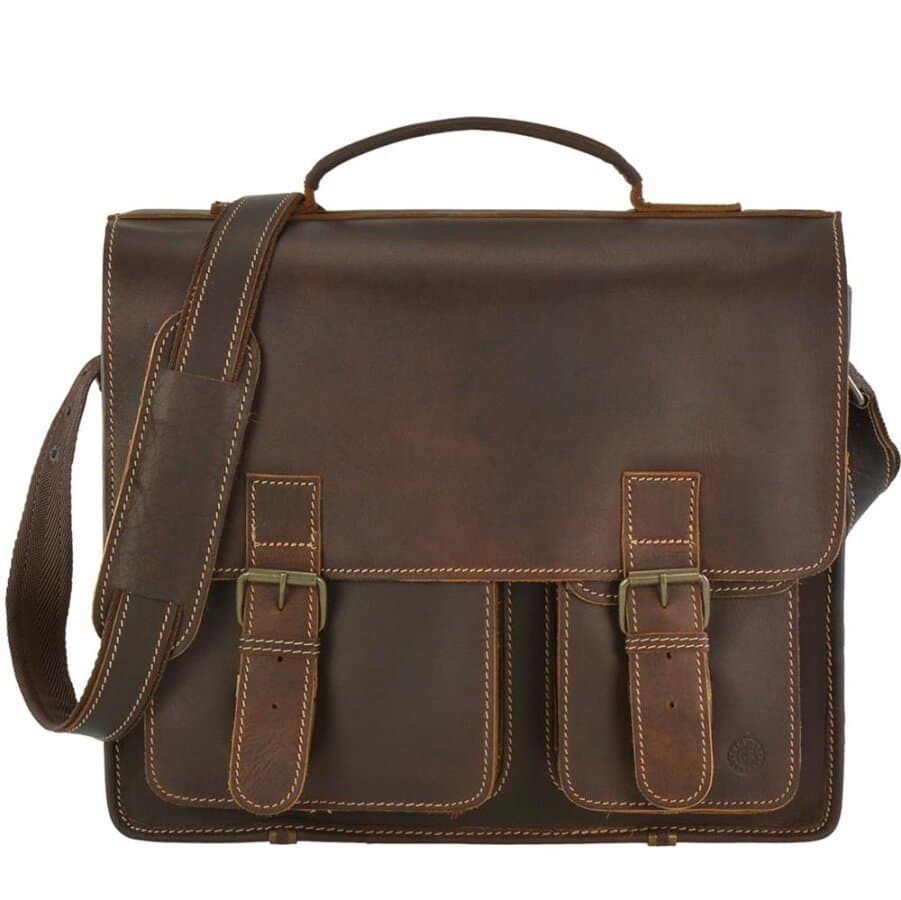 Aktentasche XL 2 Hauptfächer braun 39x33cm A4 | Greenburry Buffalo Leder Lehrertasche für Herren. Massive Businesstasche aus dickem Büffelleder.