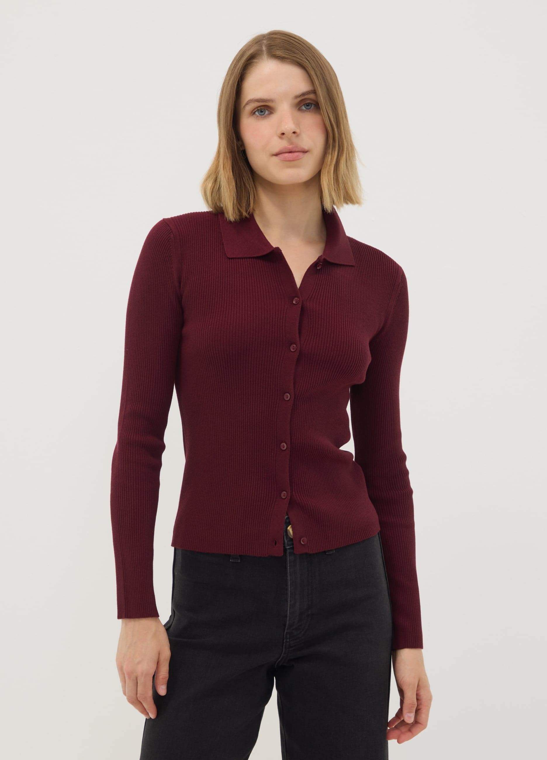 OVS, Roter, Figurbetonter Rippstrick-cardigan Aus Viskosemix Mit Polokragen, Frau, Rosso, Größe: 42
