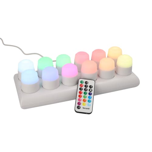 12 x LED-Teelichte inkl. Ladestation Ø 4 cm · 5 cm farbig "Amsterdam" Leuchtdauer 12-40h