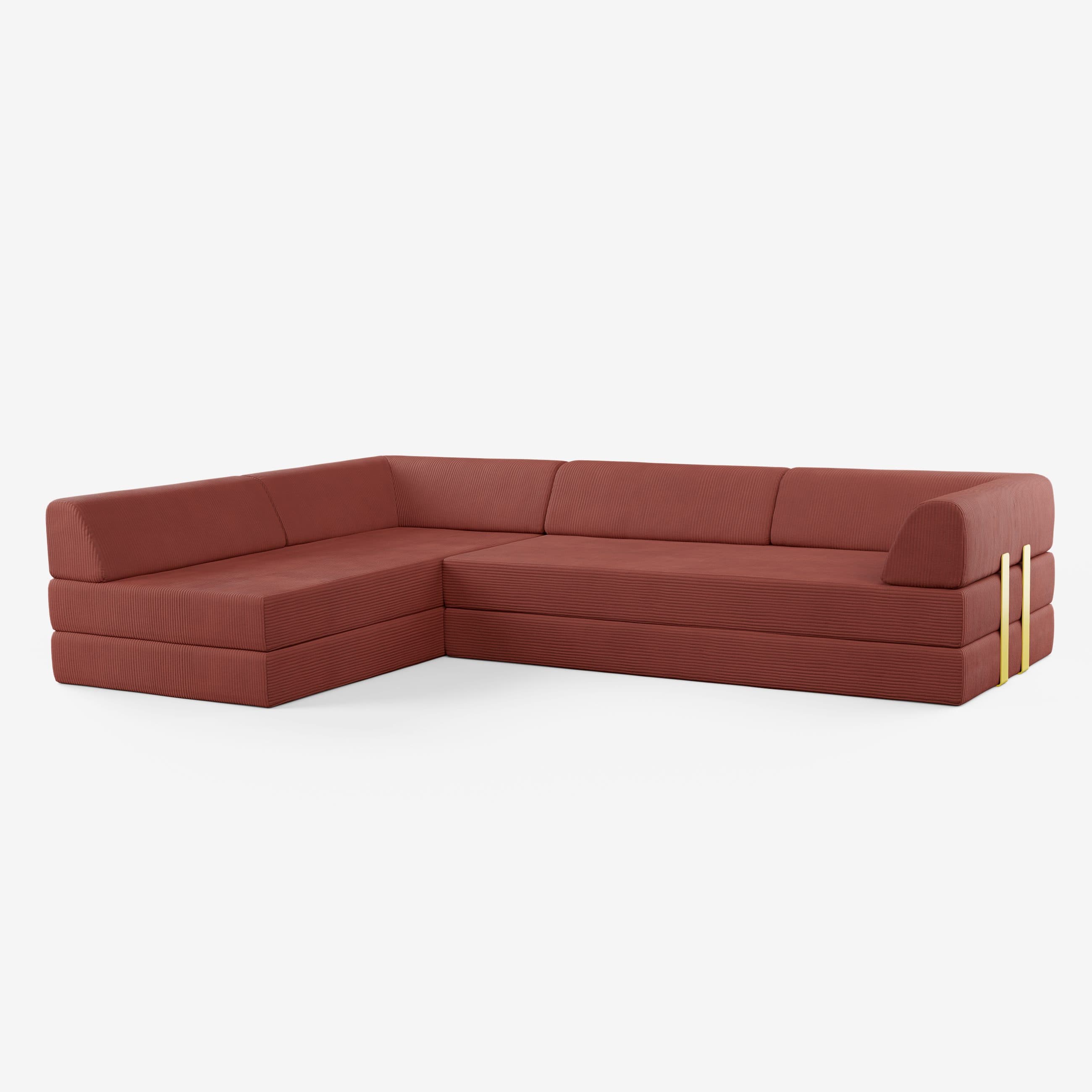 Levi Modulares 4-Sitzer Ecksofa mit Schlaffunktion 03 RAL1016 – Schwefelgelb Teddy-Cord – Jaspisrot