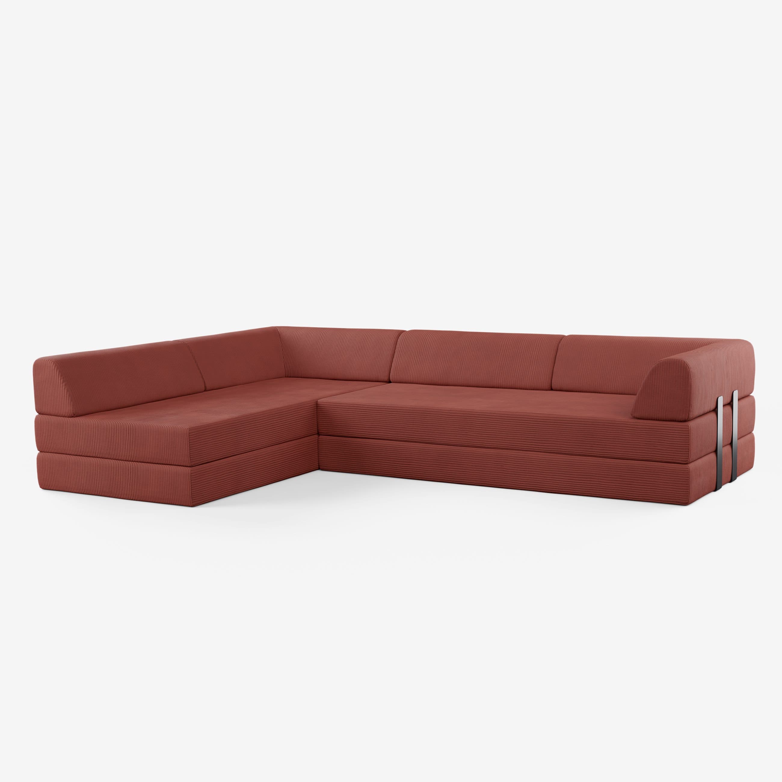 Levi Modulares 4-Sitzer Ecksofa mit Schlaffunktion 03 RAL7021 – Schwarzgrau Teddy-Cord – Jaspisrot