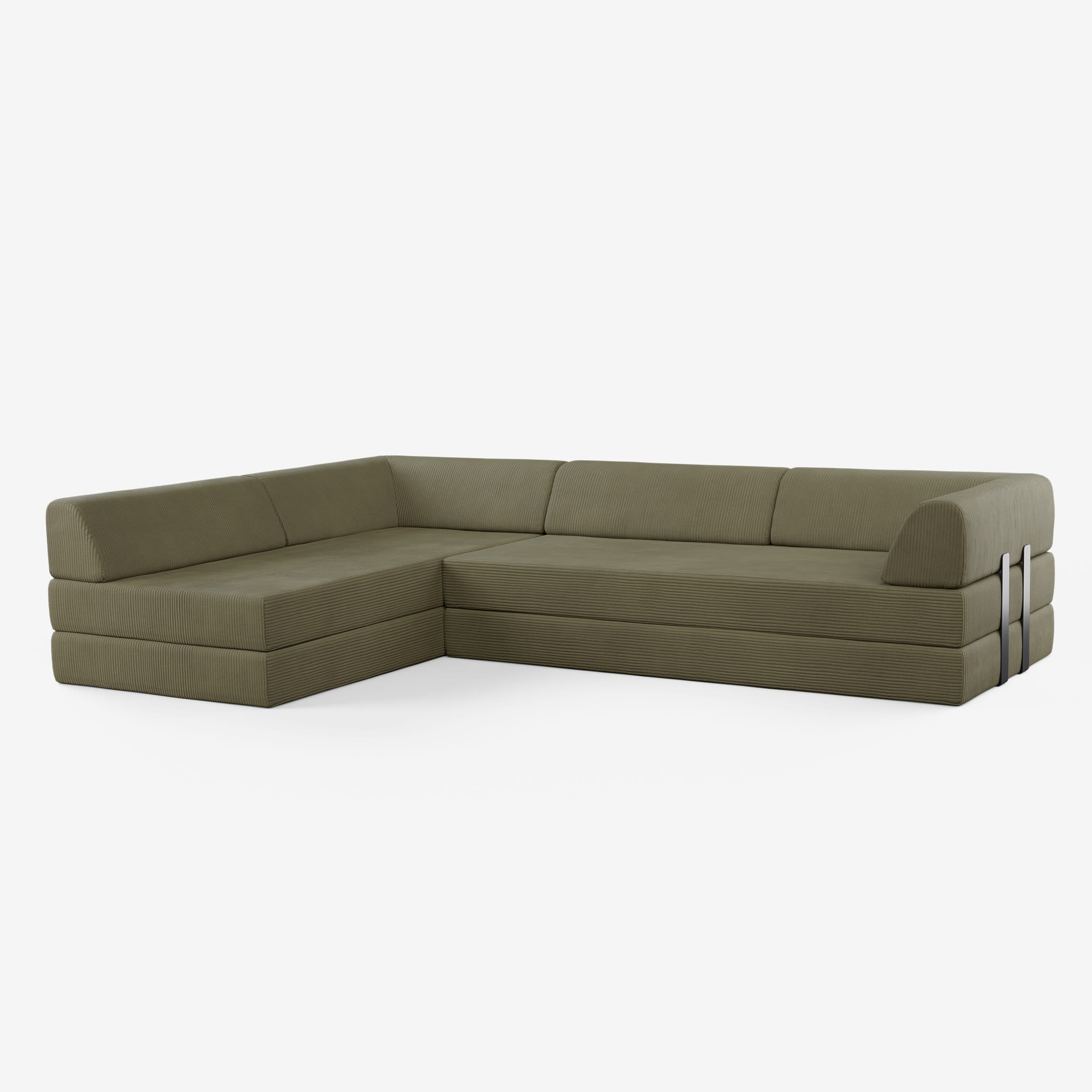 Levi Modulares 4-Sitzer Ecksofa mit Schlaffunktion 03 RAL7021 – Schwarzgrau Teddy-Cord – Olivgrün