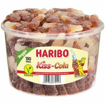 Haribo Kiss-Cola vegan 150er - Großpackung - Saure Fruchtgummi-Cola-Flaschen - Cola-Zitrone Geschmack - Veganer Genuss - Natürliche Farbstoffe. 150