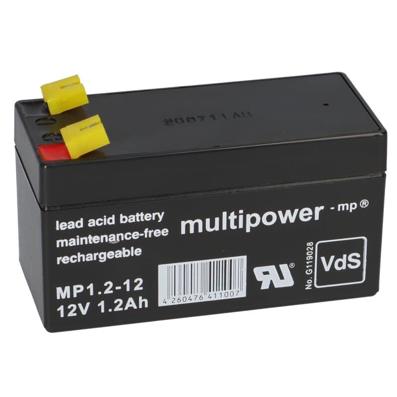 Multipower MP1,2-12 AGM Bleiakku 12V 1,2Ah Faston 4,8 mm für Alarmanlage, Notbeleuchtung & Sicherheitstechnik